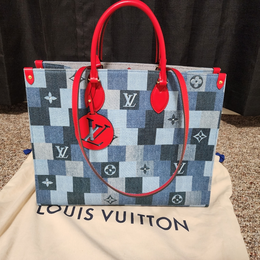 Louis Vuitton Monogram Damier OnTheGo denim patchwork tote